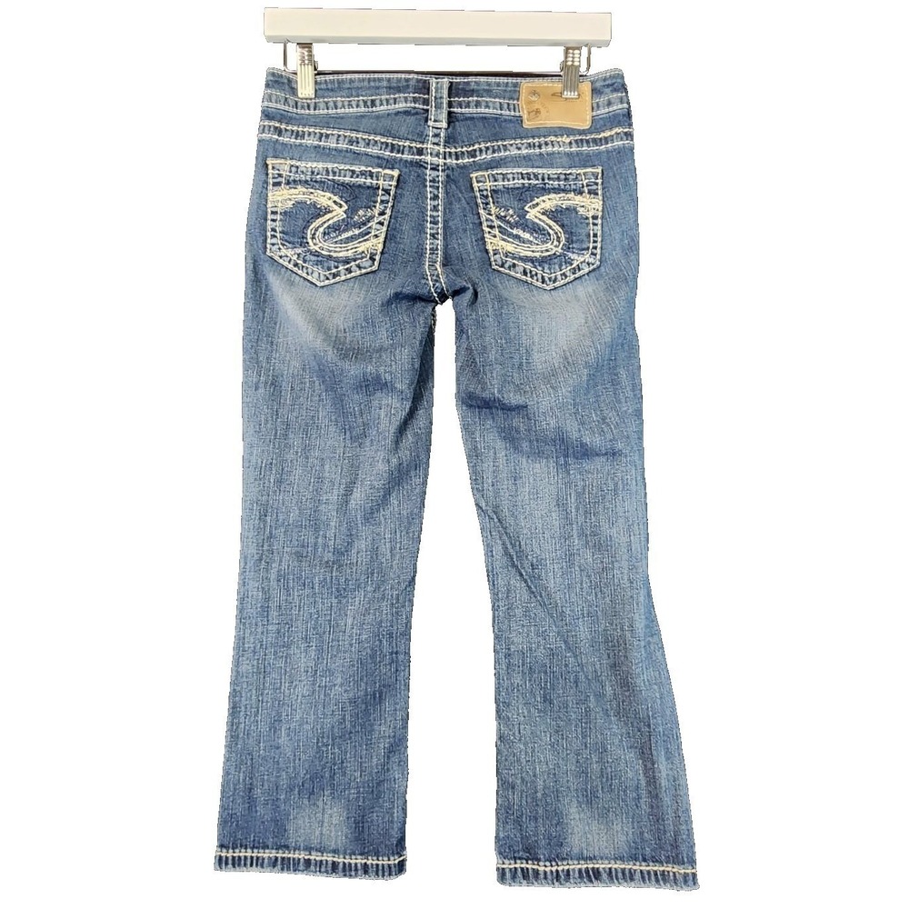 Silver Jeans Aiko Capri Blue Womens W26 Thick Stitch Embroidered Denim Crop EUC